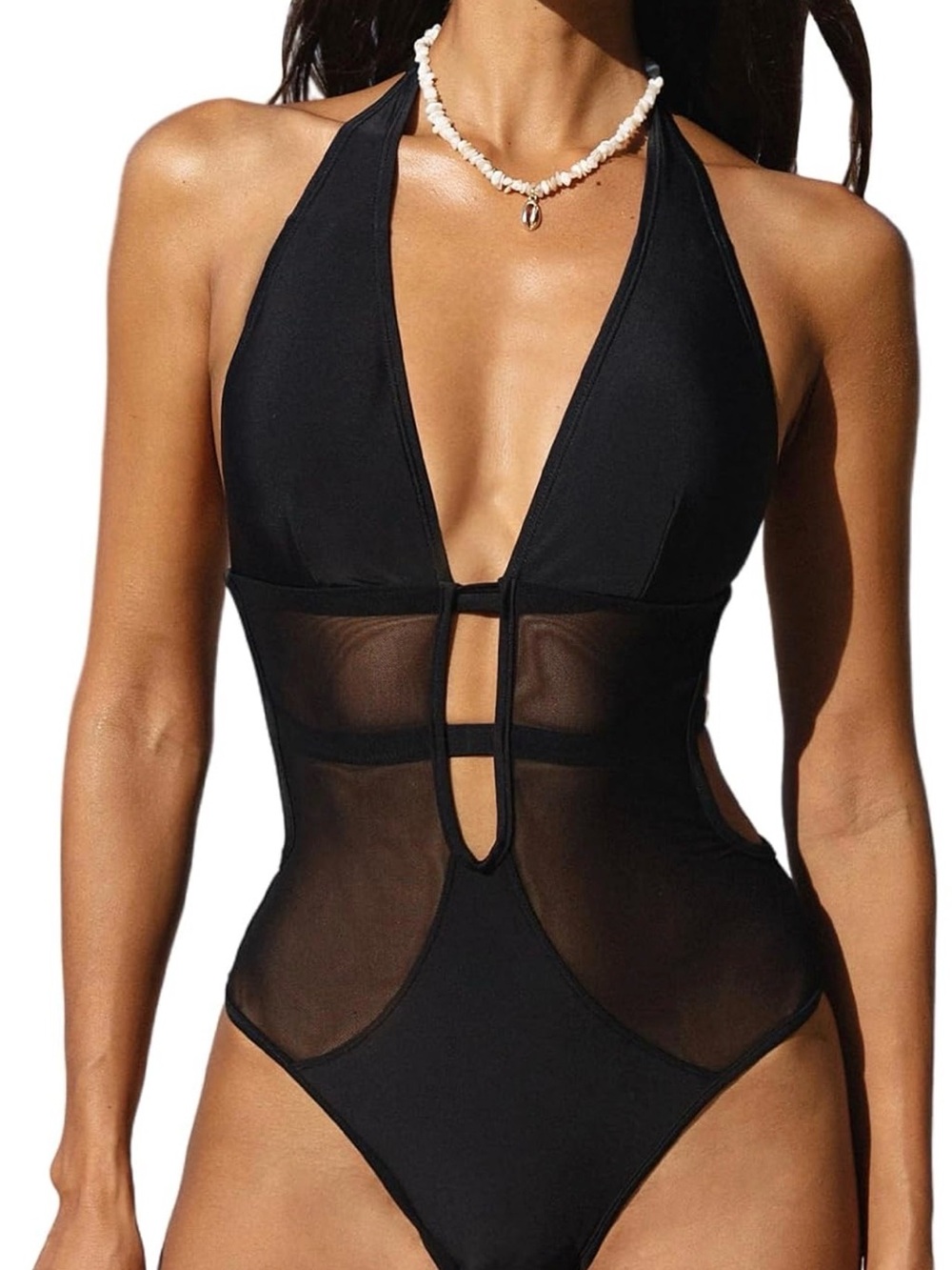 NWT Cupshe Monokini Black Mesh Plunge One-Piece Swimsuit